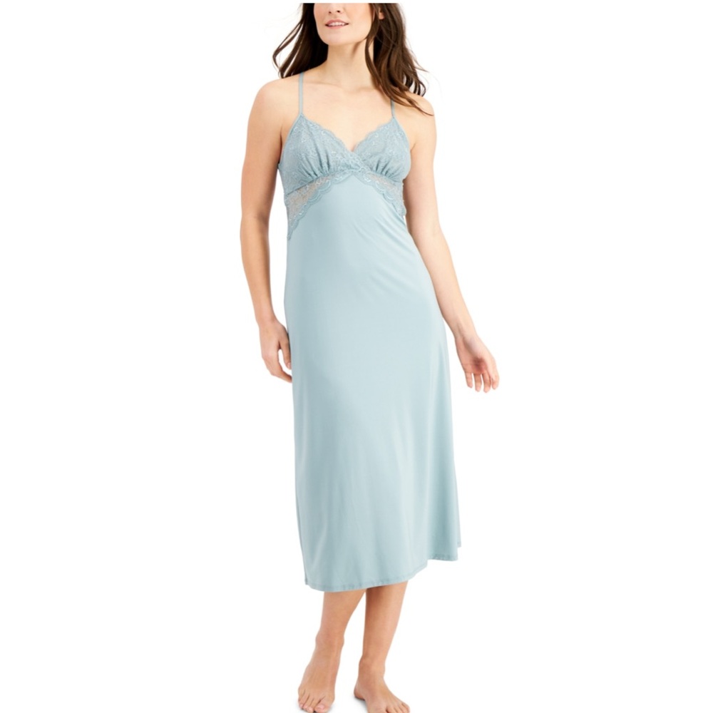INC International Concepts Soft Blue Lace-Trim Midi Slip Chemise